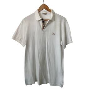 Burberry Brit 100% Cotton White Logo Polo Shirt with Nova Check Trim • Size L